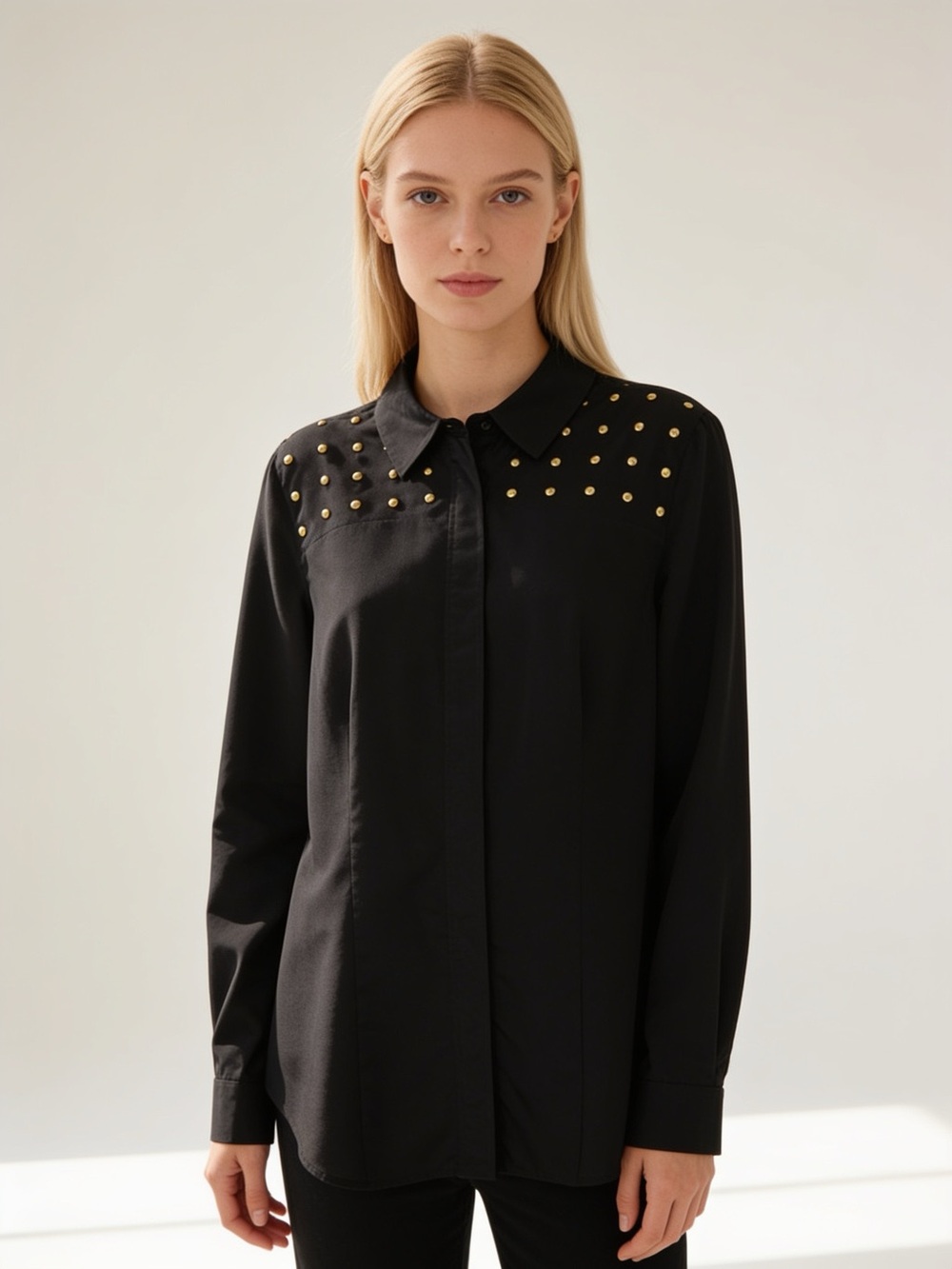 Michael Kors Black Gold Stud Blouse Button Front Shirt Medium